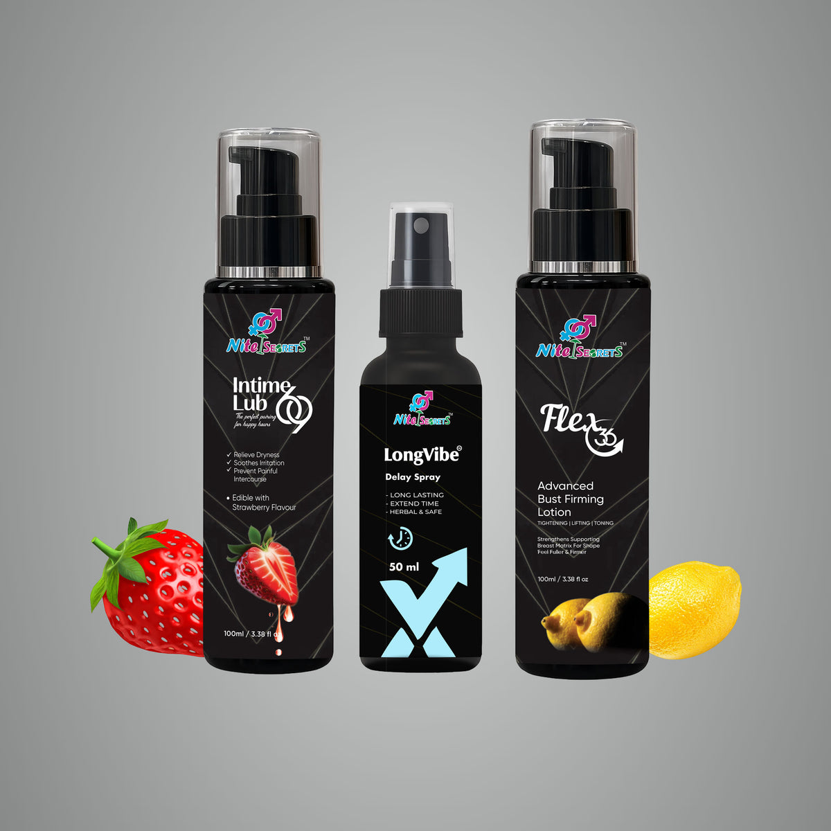 Couples Trio: Intime Lub 69 + Flex 36 Bust Firming Lotion + LongVibe Delay Spray