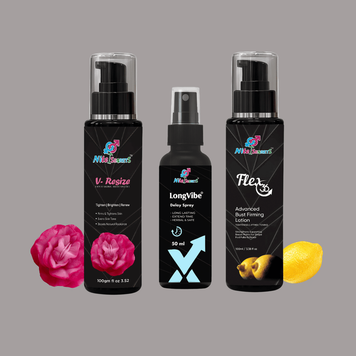 Couples Trio: LongVibe Delay Spray + V-Resize Tightening Gel + Flex 36 Bust Firming Lotion