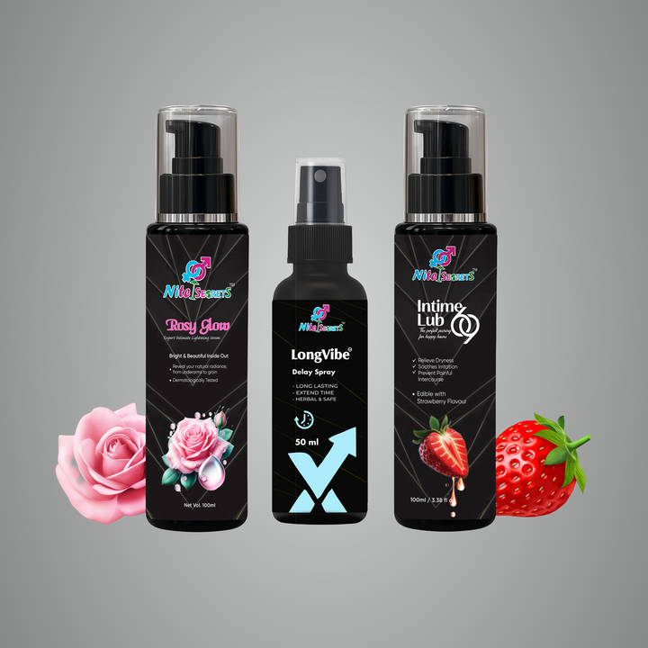 Trio: LongVibe Delay Spray + Intime Lub 69 + Rosy Glow Serum